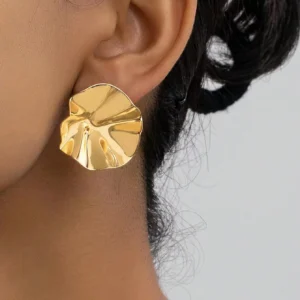 1 Par Novo Formato De Lótus Metálico, Brincos De Textura Irregular Para Mulheres, Modernos E Criativos, Brincos Assimétricos Plissados Para Festa, Data, Presente De Ano Novo