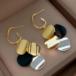 Brincos Estilo Colorblock Circulo e Borla Pendurados, Pino Retro.