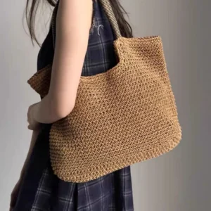 Bolsa Praia Palha grande, alça de Ombro Listrado, Trançado Reforçado com Zíper.