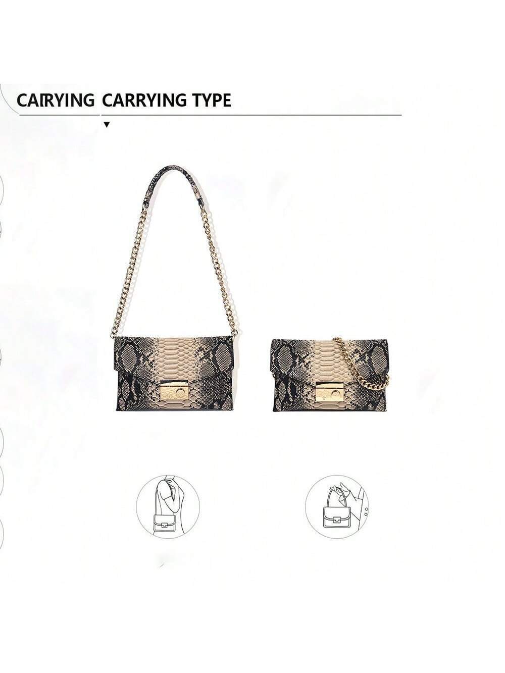 Bolsa Quadrada com Aba e Corrente Estilo Retro com Estampa de Cobra. - Imagem 5