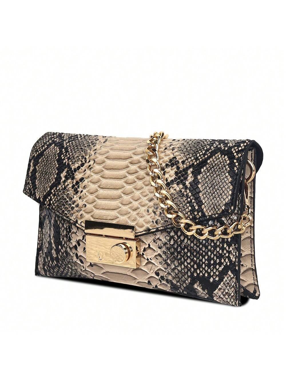 Bolsa Quadrada com Aba e Corrente Estilo Retro com Estampa de Cobra. - Imagem 8