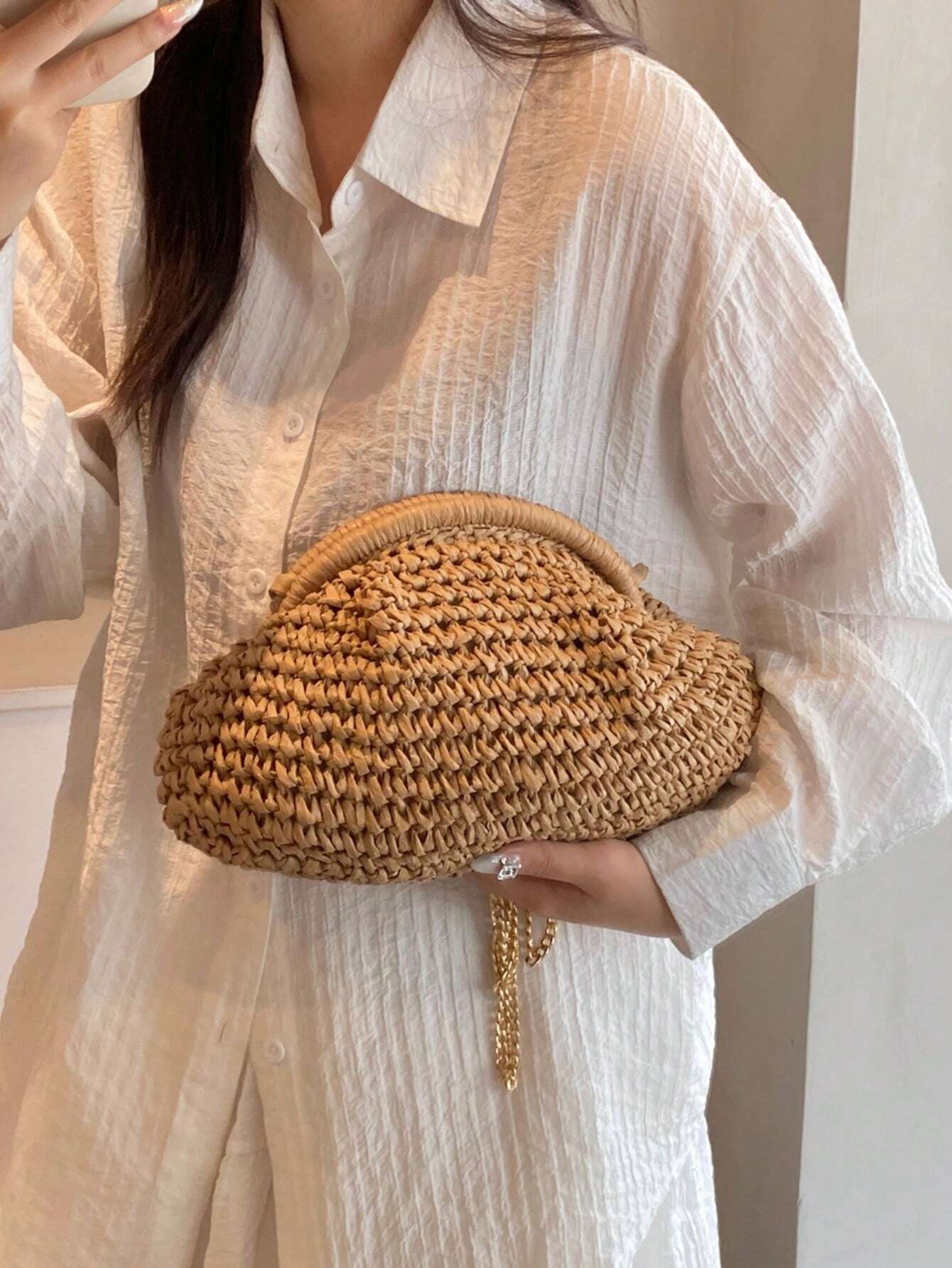 Bolsa de Palha Estilo Literário Niche com Corrente.