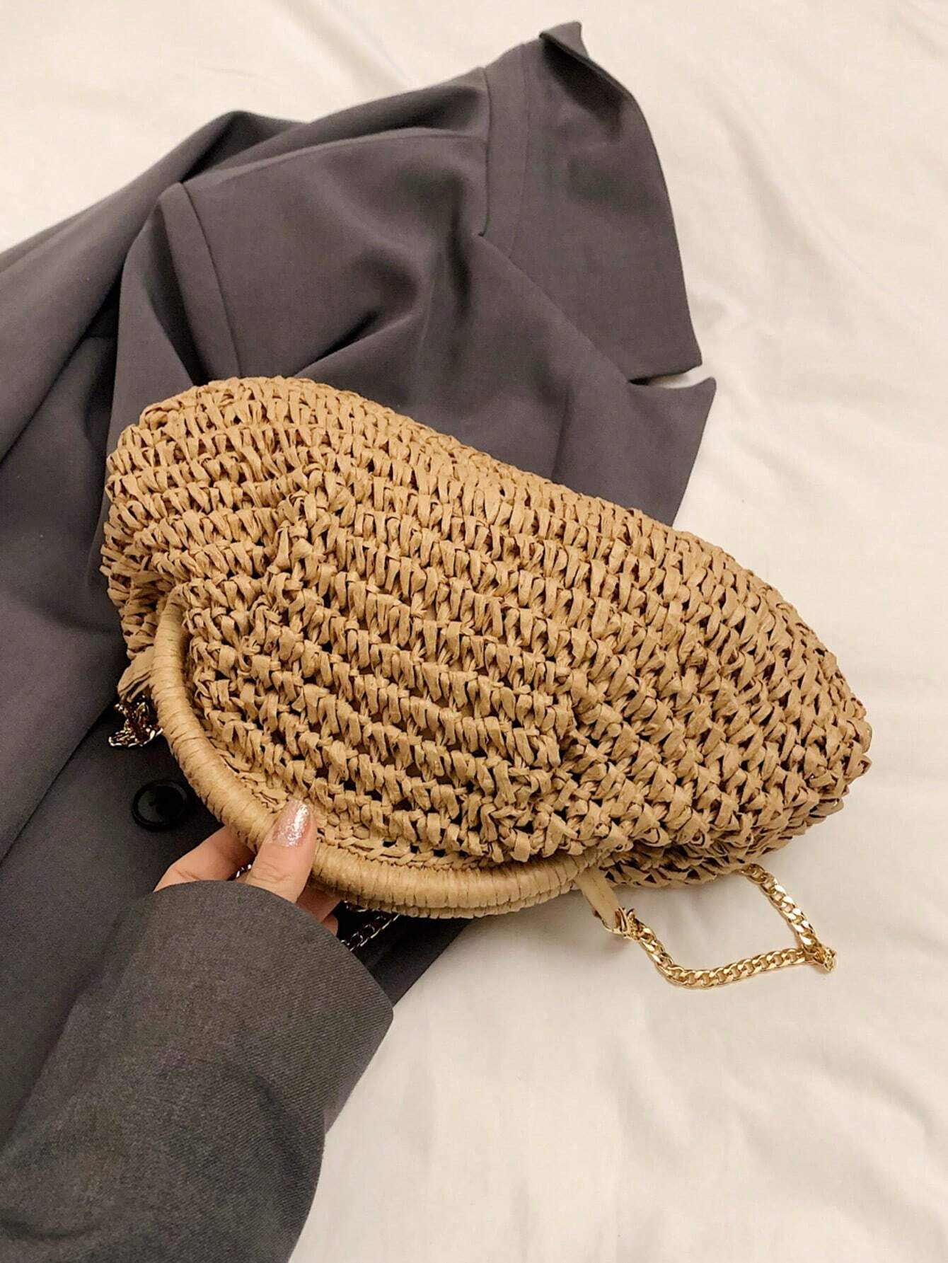 Bolsa de Palha Estilo Literário Niche com Corrente. - Imagem 6