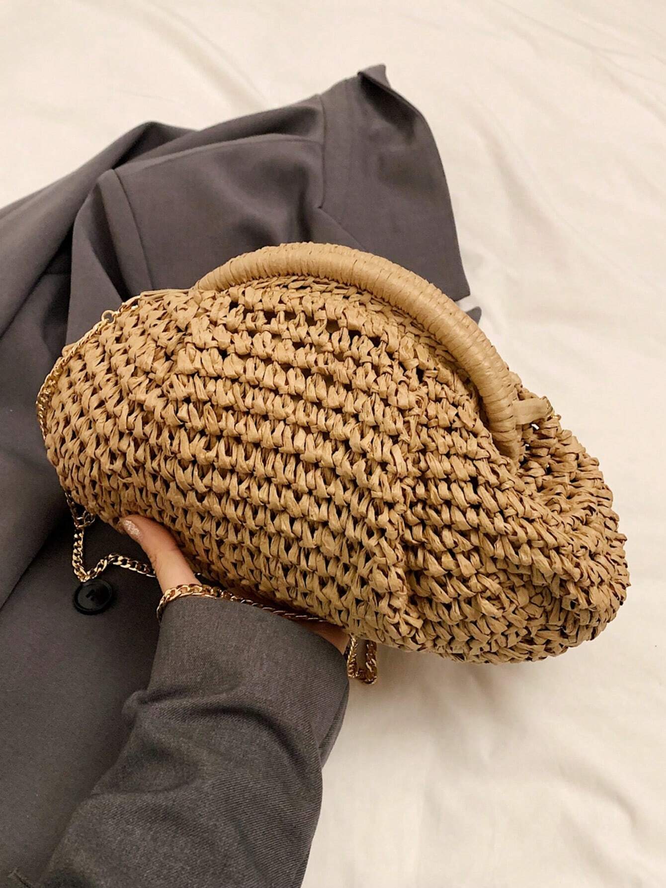 Bolsa de Palha Estilo Literário Niche com Corrente. - Imagem 7