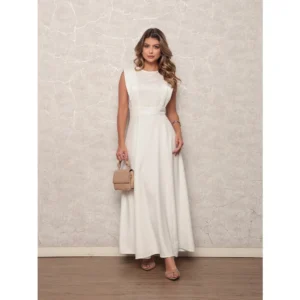 Vestido social liso, tecido em alfaiataria sem manga.